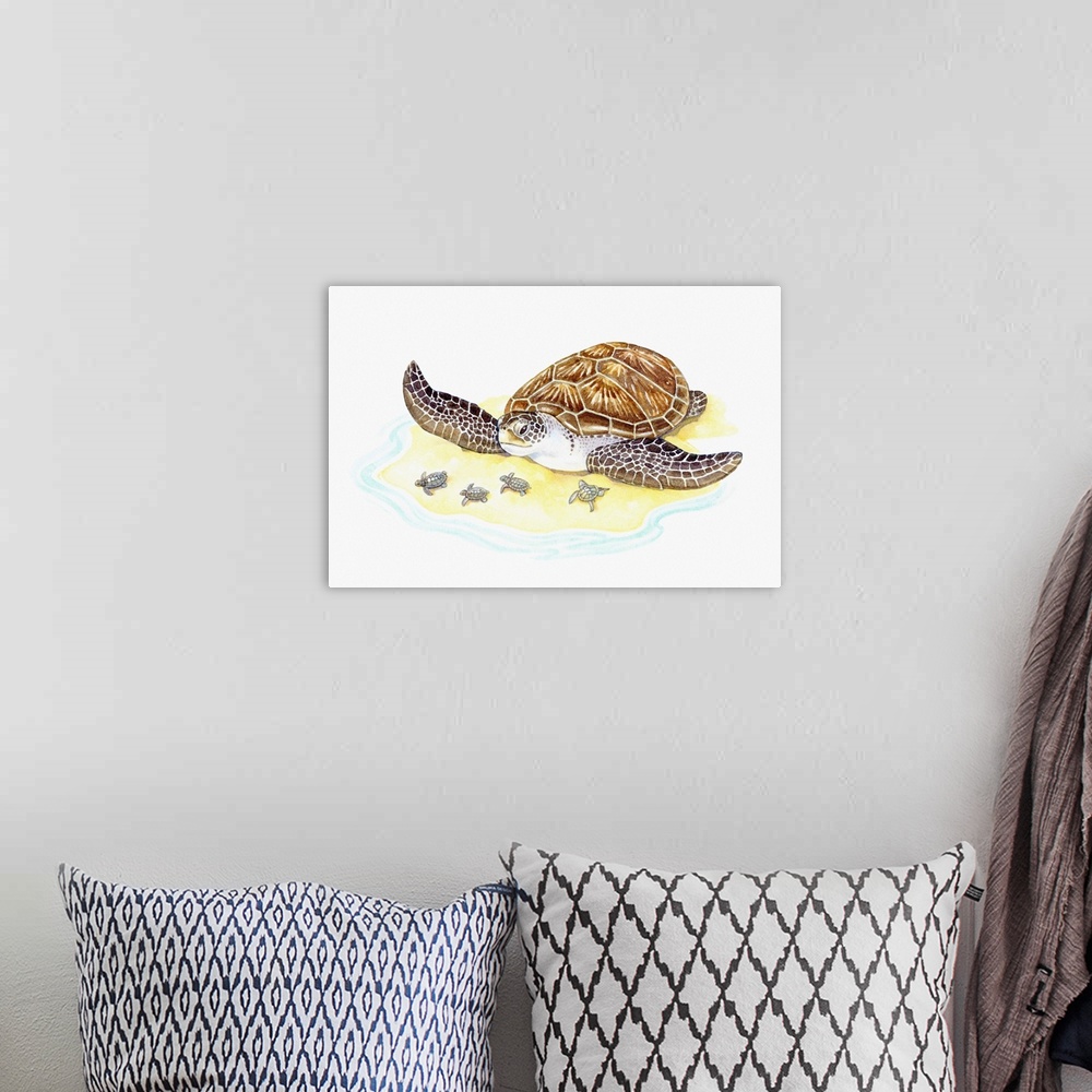 A bohemian room featuring Illustration of sea turtle with babies