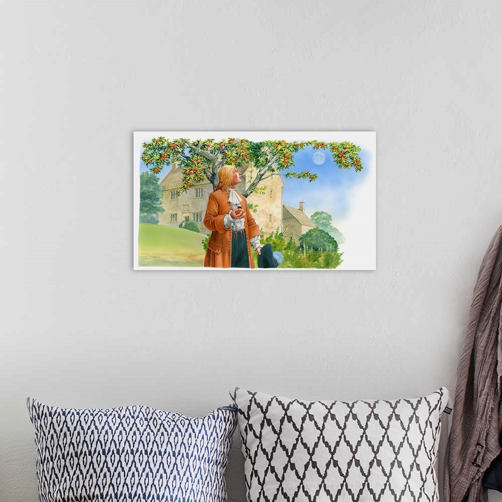 A bohemian room featuring Illustration of Sir Isaac Newton holding apple in hand and looking up at tree