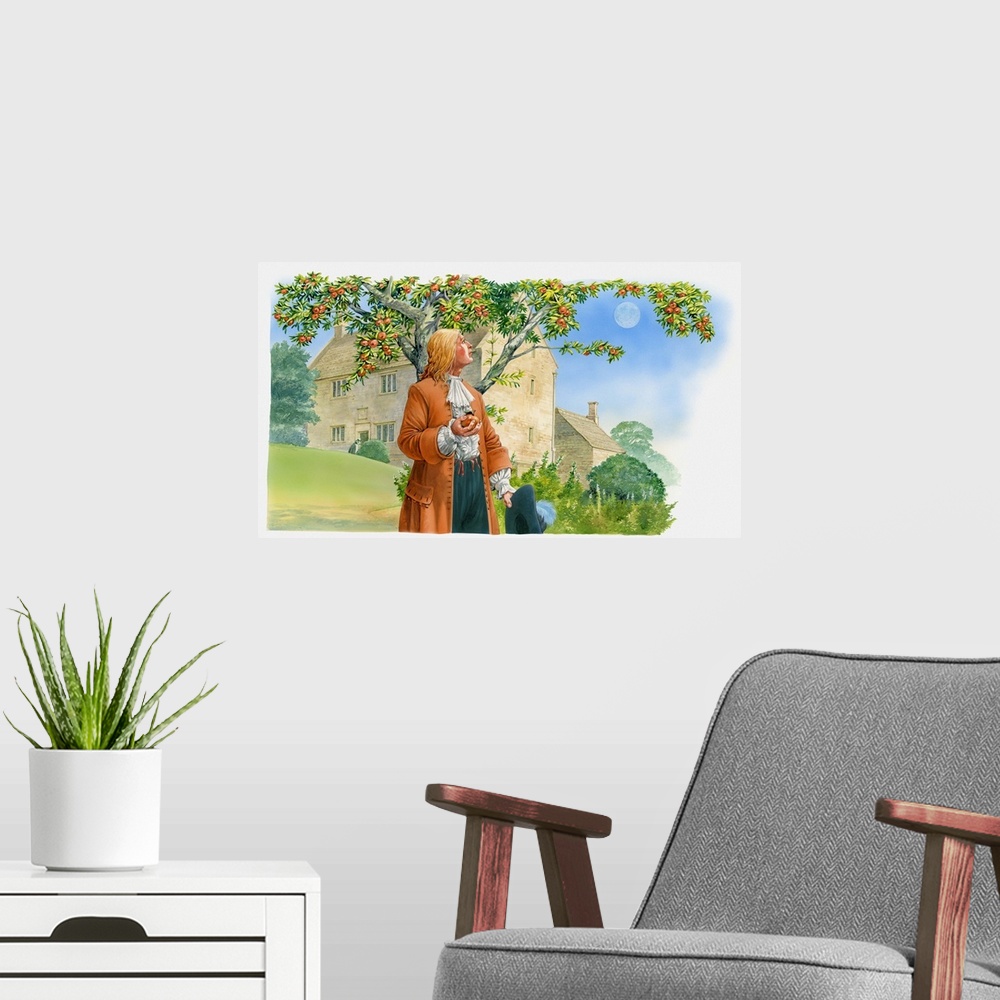 A modern room featuring Illustration of Sir Isaac Newton holding apple in hand and looking up at tree