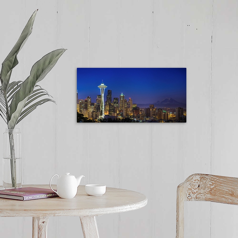 A farmhouse room featuring Landscape photograph of the Space Needle and Mt Rainer in the distance.