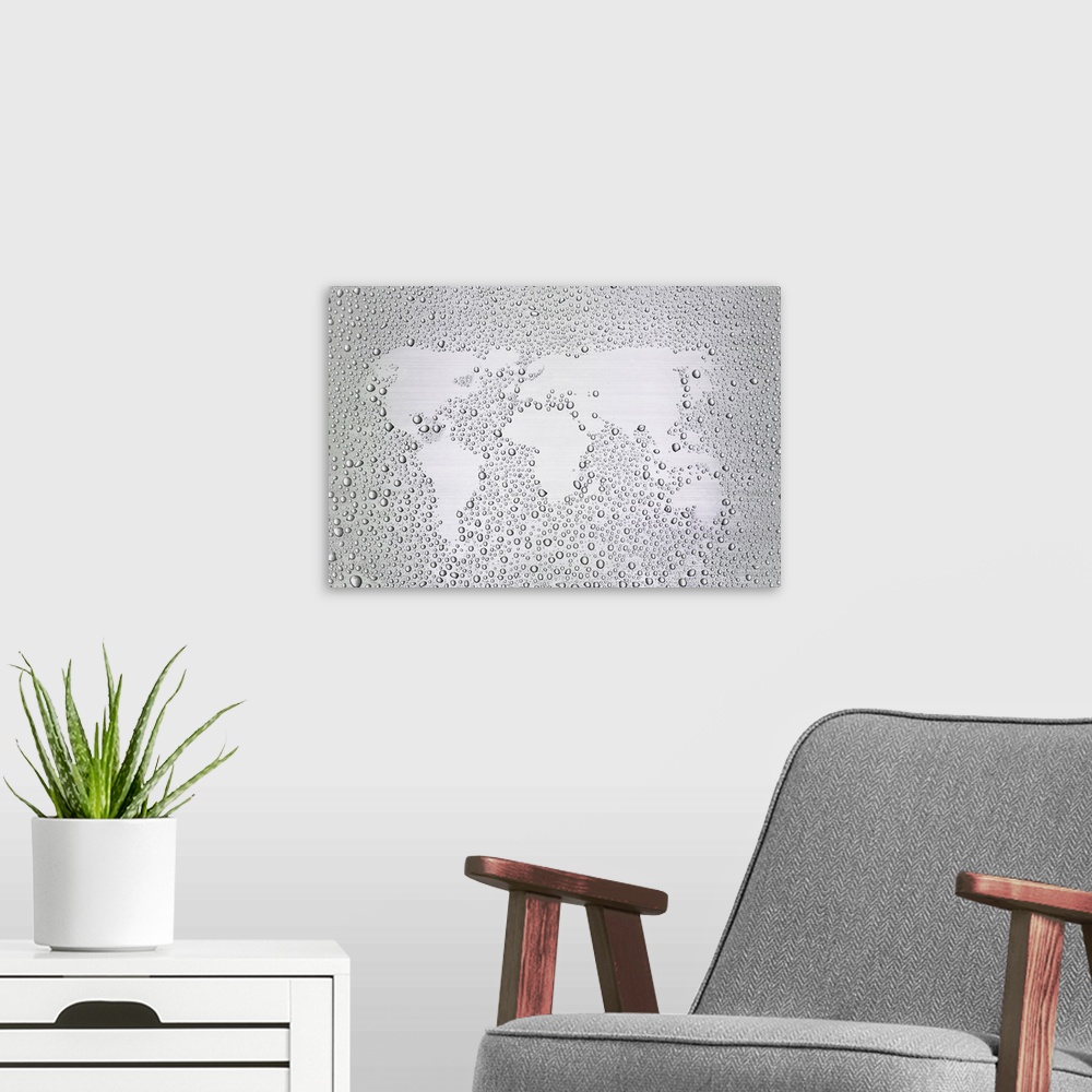 A modern room featuring Image of world map made of condensation
