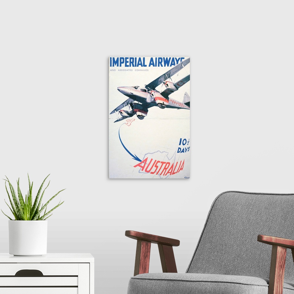 A modern room featuring An Imperial Airways poster for the Joint London (Croydon) - Brisbane service operated by Imperial...