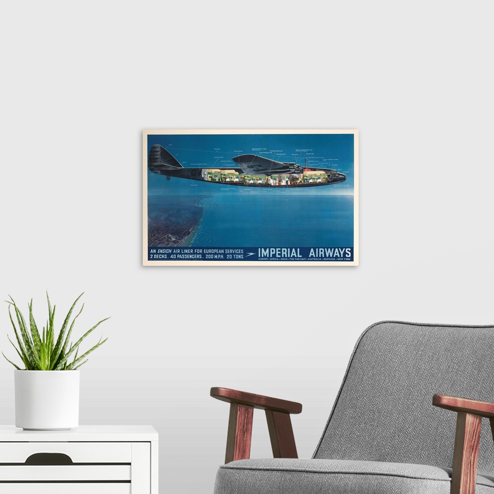 A modern room featuring Imperial Airways Ensign Air Liner, 200 MPH flying over coastline at dusk.