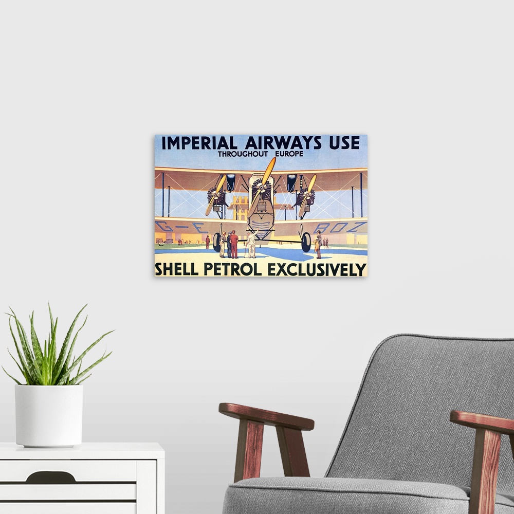 A modern room featuring Shell petrol advertisement from the late 1920s, showing Imperial Airways' Armstrong Whitworth Arg...