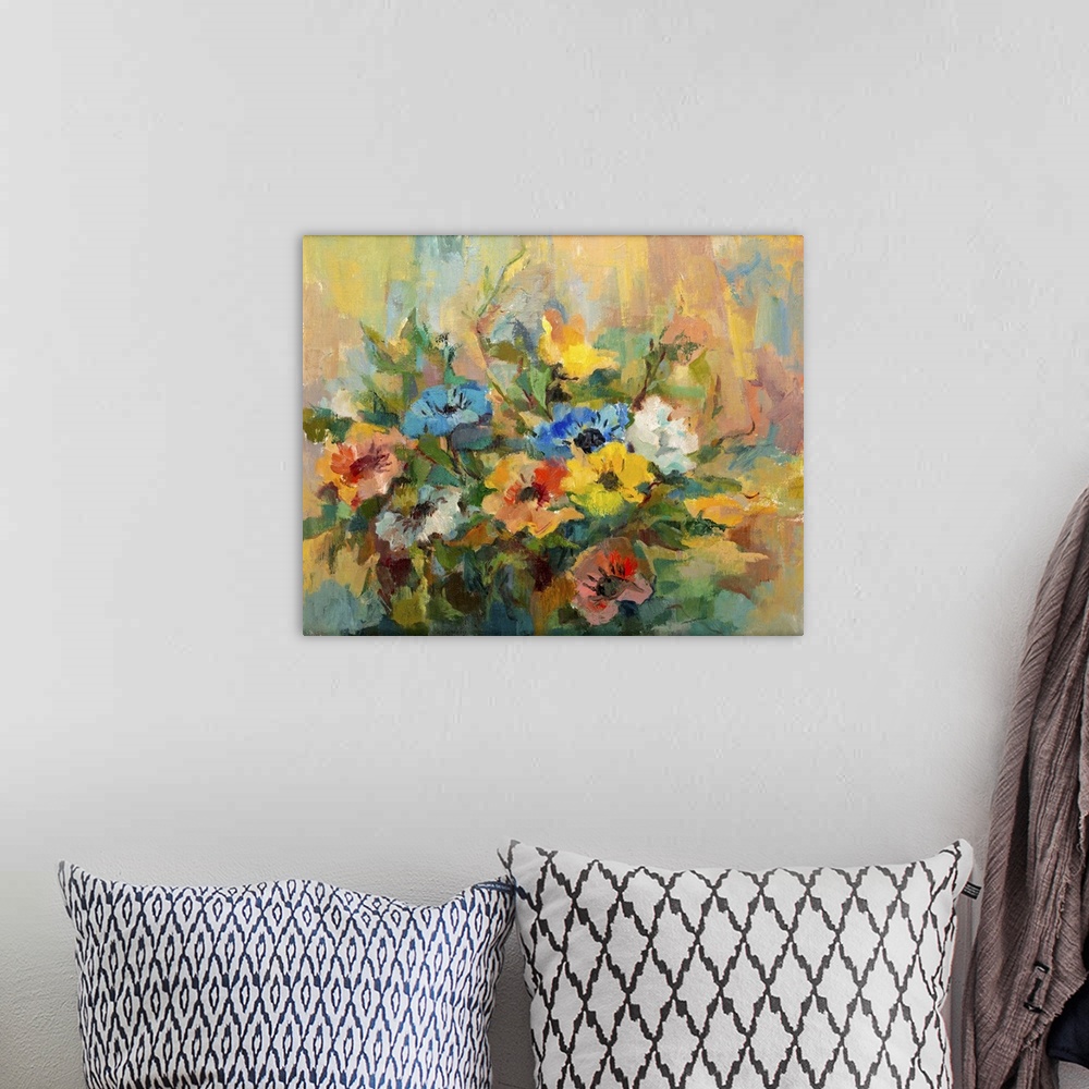 A bohemian room featuring Impressionist style oil painting of flower bouquet.