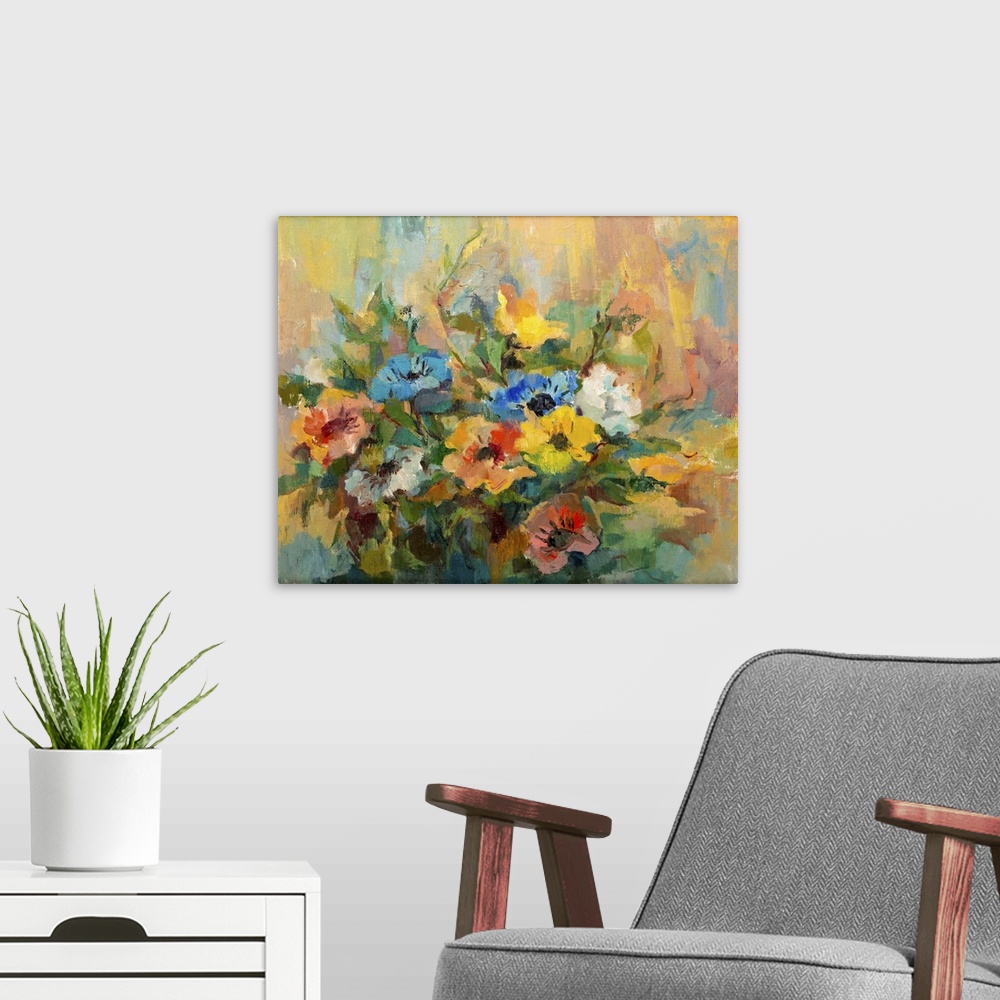 A modern room featuring Impressionist style oil painting of flower bouquet.