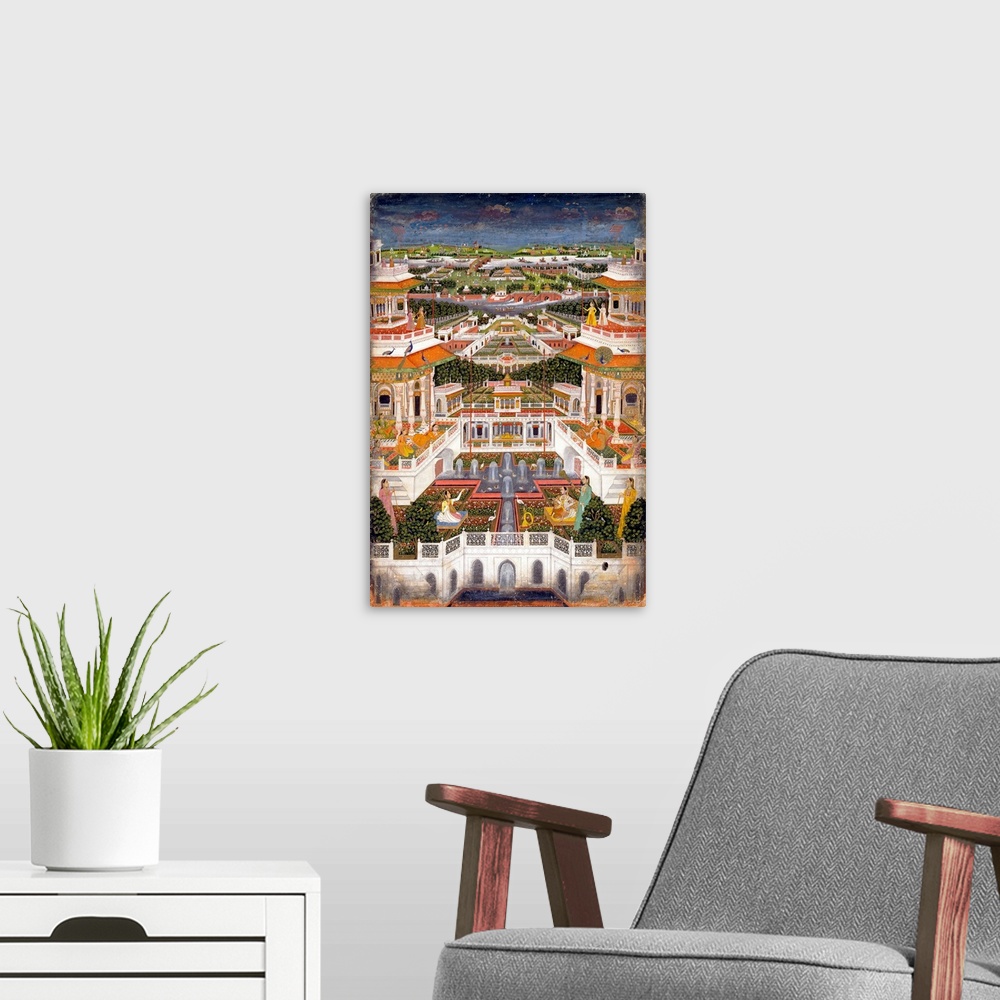 A modern room featuring Miniature painting of a lavish palace complex in an expansive landscape, with a harem garden with...