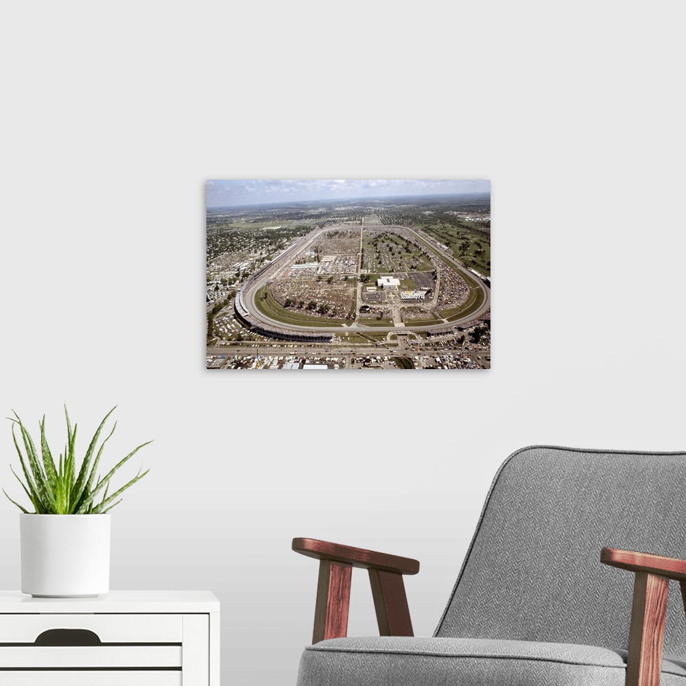 A modern room featuring Indianapolis Speedway. Aerial scene of Indy 500 race site at Indianapolis, Indiana.