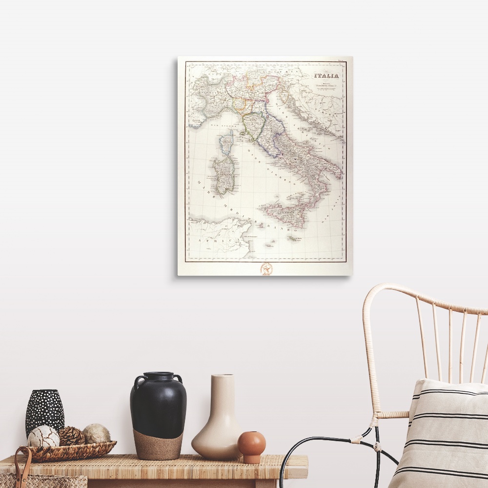 A farmhouse room featuring An antique map of Italy that has the wording in Italian.