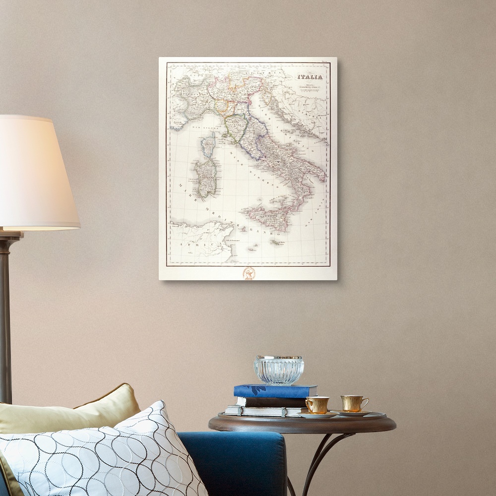 A traditional room featuring An antique map of Italy that has the wording in Italian.