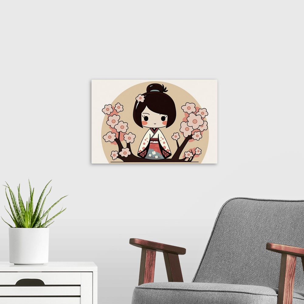 A modern room featuring Japanese chibi female character with traditional kimono. Sakura flowers, hanami background. Origi...