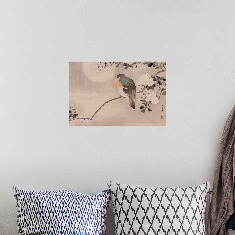 A bohemian room featuring Japanese Watercolor Of Bird Perched On A Branch Of A Blossoming Tree