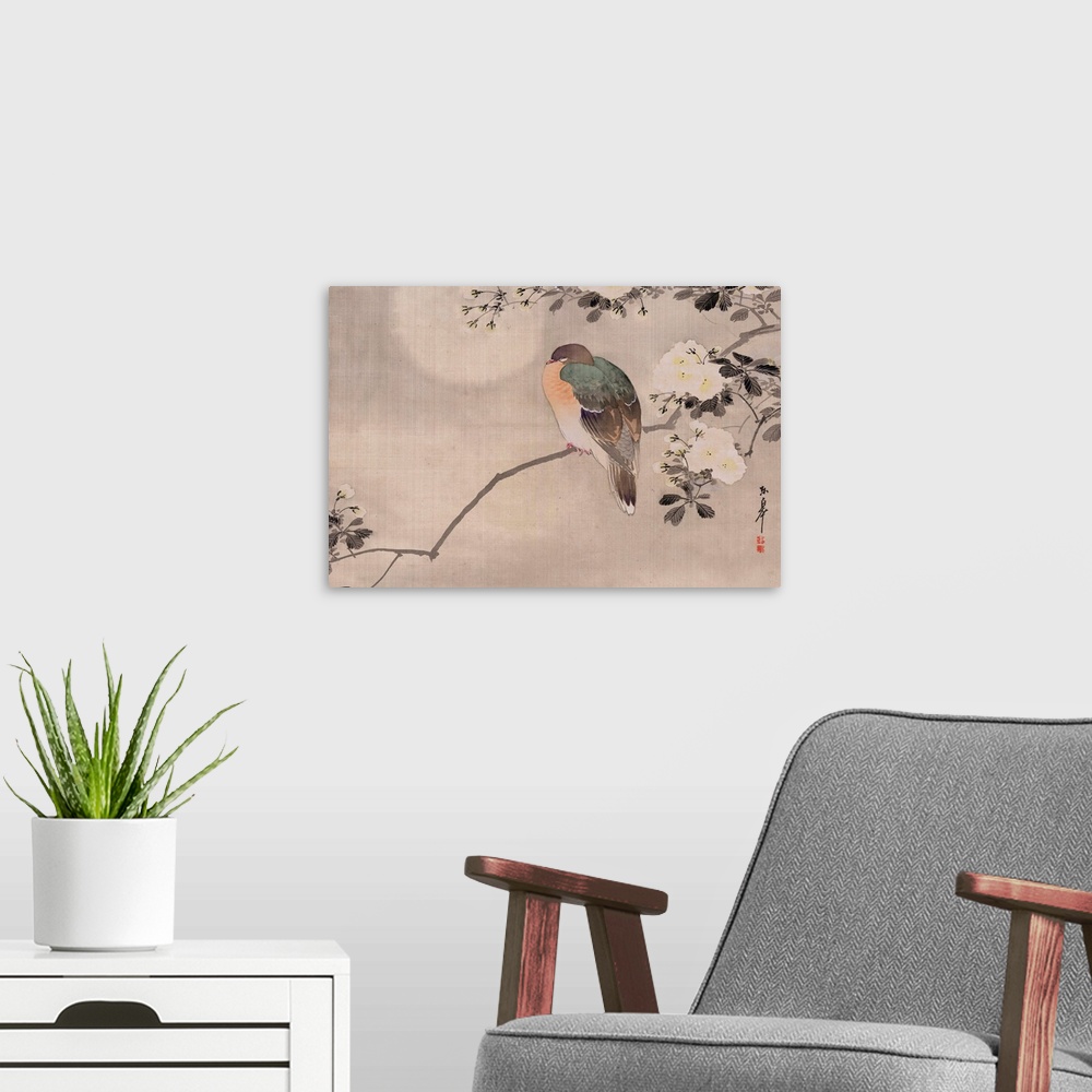 A modern room featuring Japanese Watercolor Of Bird Perched On A Branch Of A Blossoming Tree