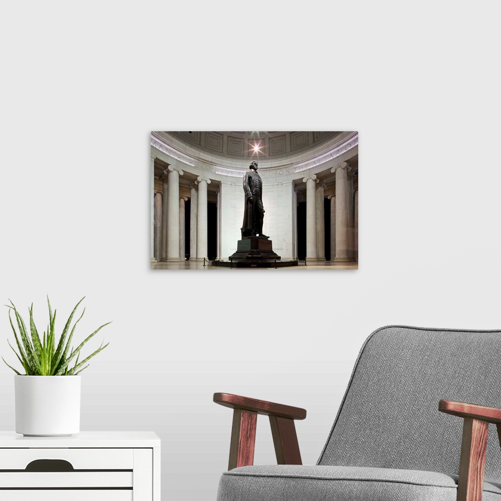 A modern room featuring USA, Washington, District of Columbia, Statue inside Jefferson Memorial at night on summer evening