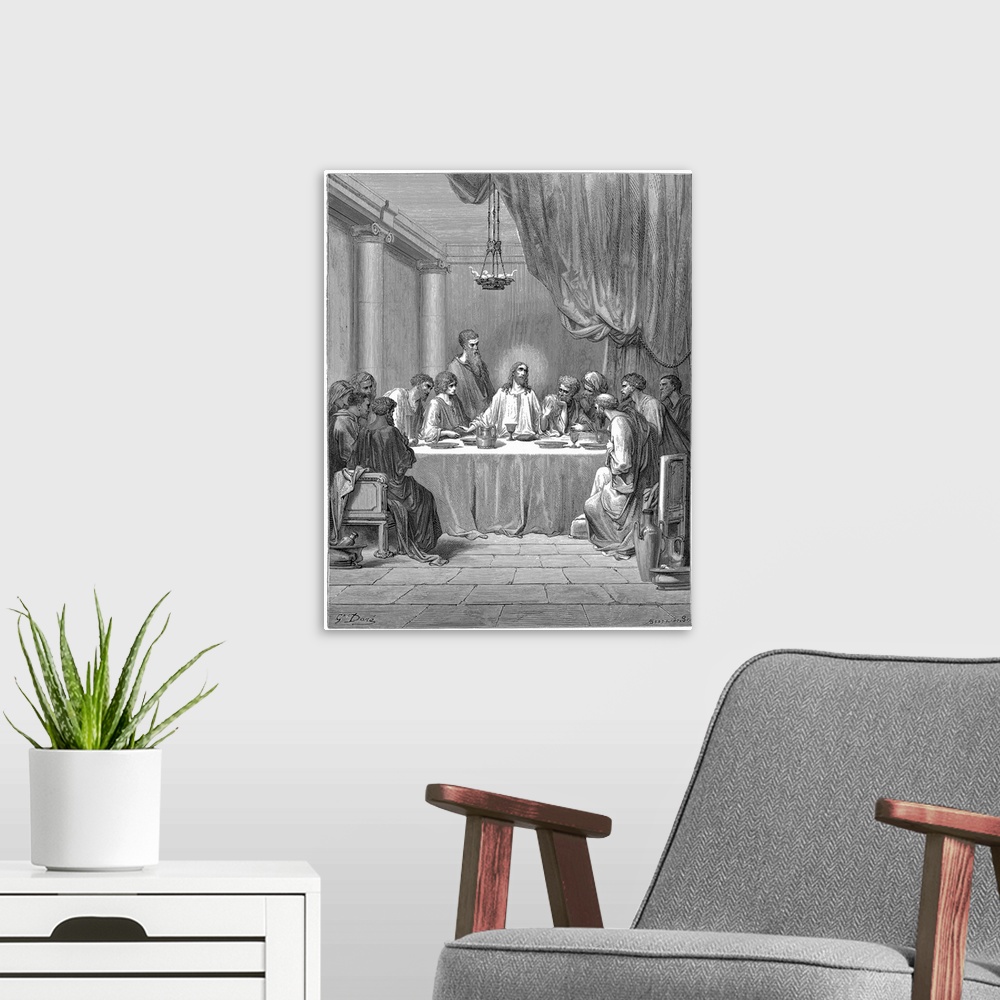 A modern room featuring Jesus and his disciples at the Last Supper