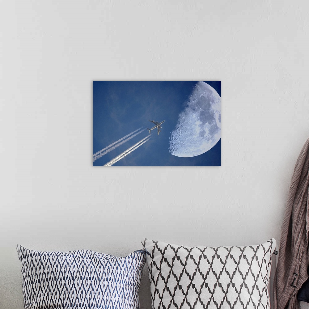 A bohemian room featuring Jet in evening sky and moon, Germany.