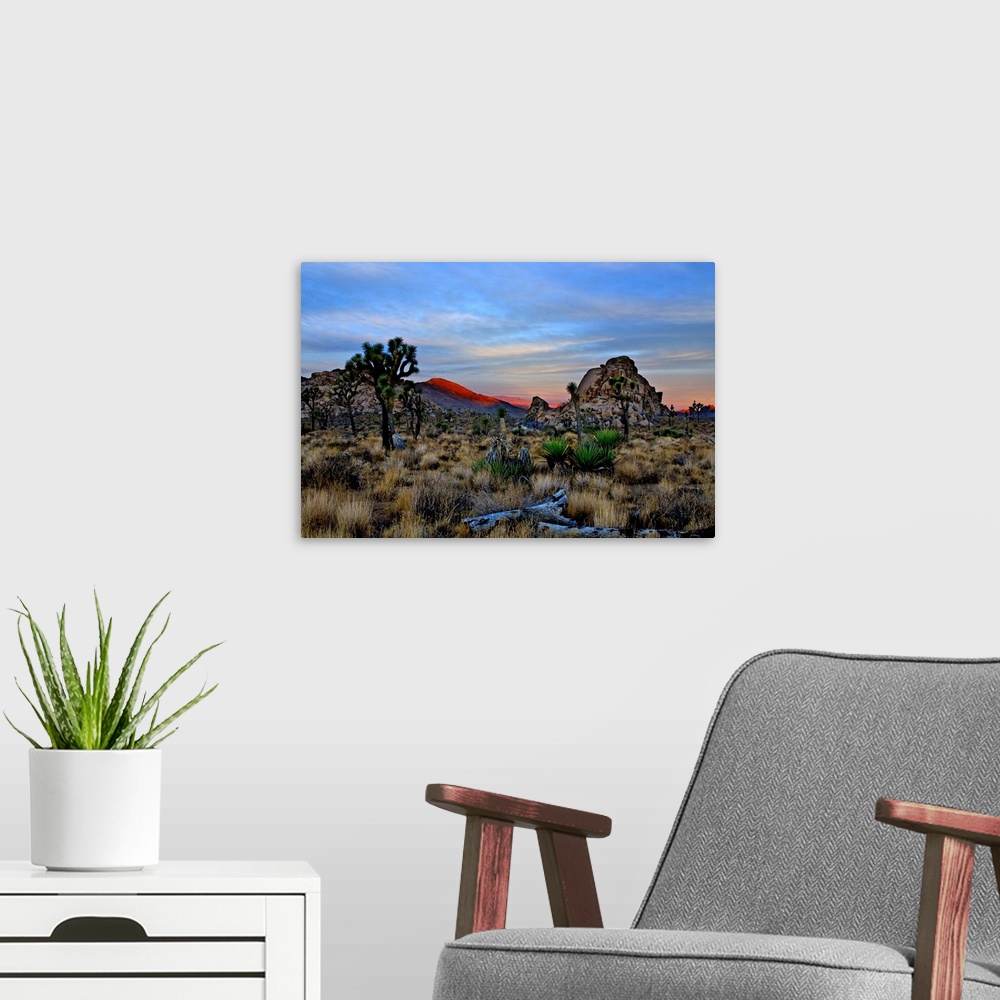 A modern room featuring A view to the west as the sun rises over the Mojave Desert with the alpenglow on the distant hill...