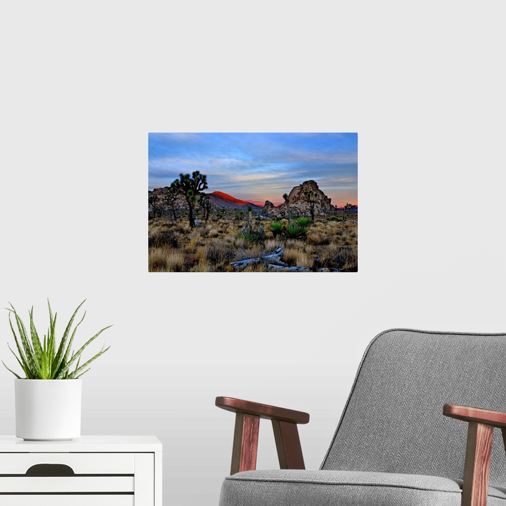 A modern room featuring A view to the west as the sun rises over the Mojave Desert with the alpenglow on the distant hill...