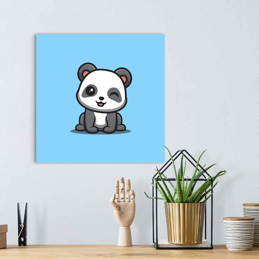 A bohemian room featuring Panda sitting and winking. Cute, creative kawaii cartoon mascot.