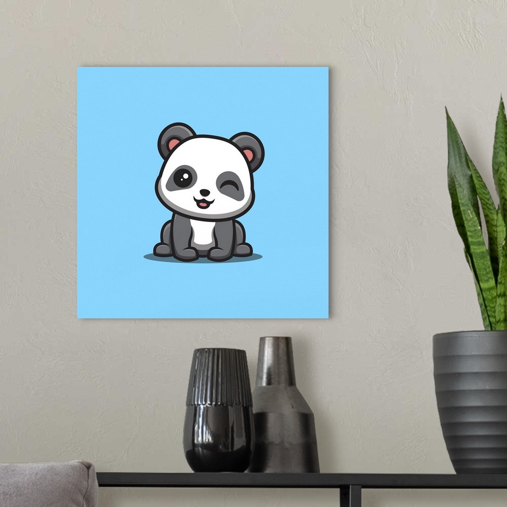 A modern room featuring Panda sitting and winking. Cute, creative kawaii cartoon mascot.