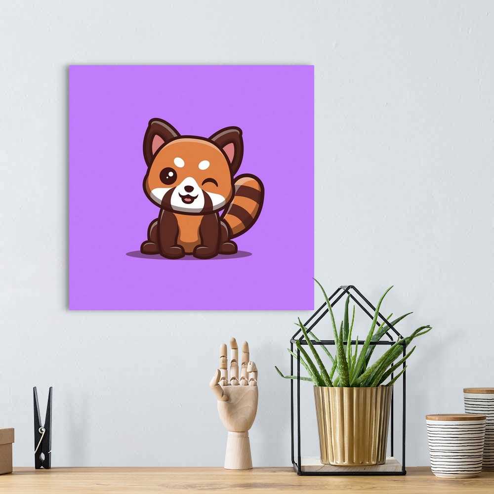 A bohemian room featuring Red panda sitting and winking. Cute, creative kawaii cartoon mascot.
