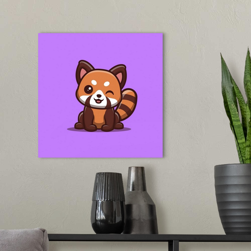 A modern room featuring Red panda sitting and winking. Cute, creative kawaii cartoon mascot.