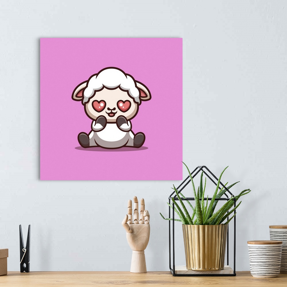 A bohemian room featuring Sheep sitting shocked. Cute, creative kawaii cartoon mascot.