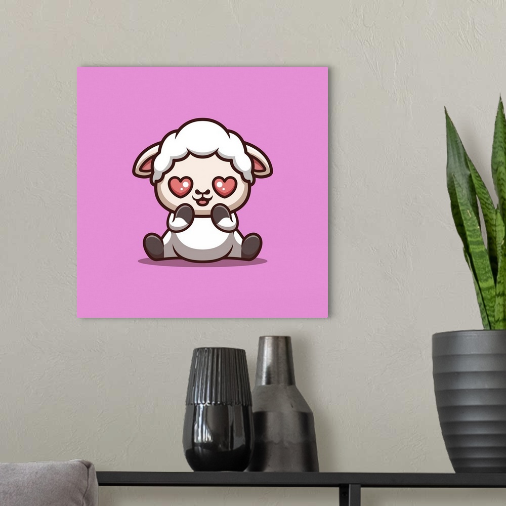 A modern room featuring Sheep sitting shocked. Cute, creative kawaii cartoon mascot.