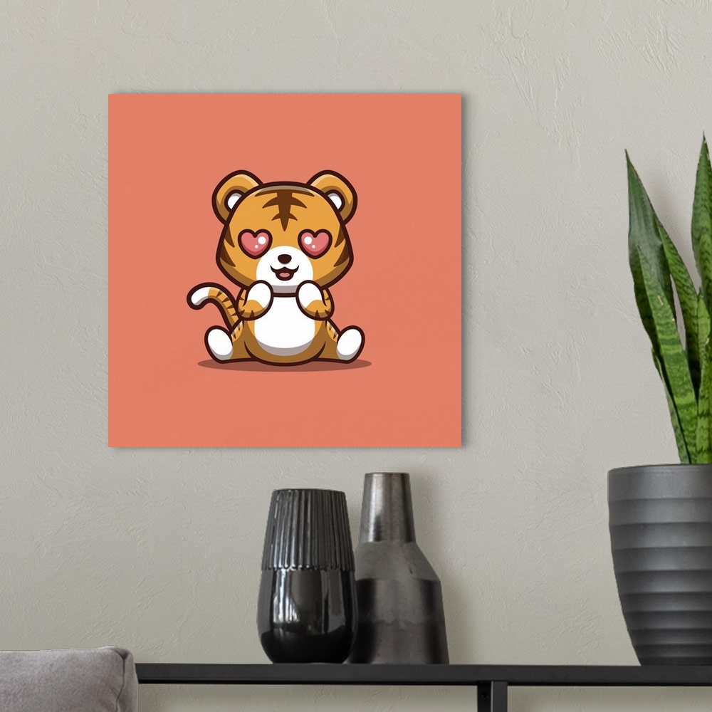 A modern room featuring Tiger sitting shocked. Cute, creative kawaii cartoon mascot.