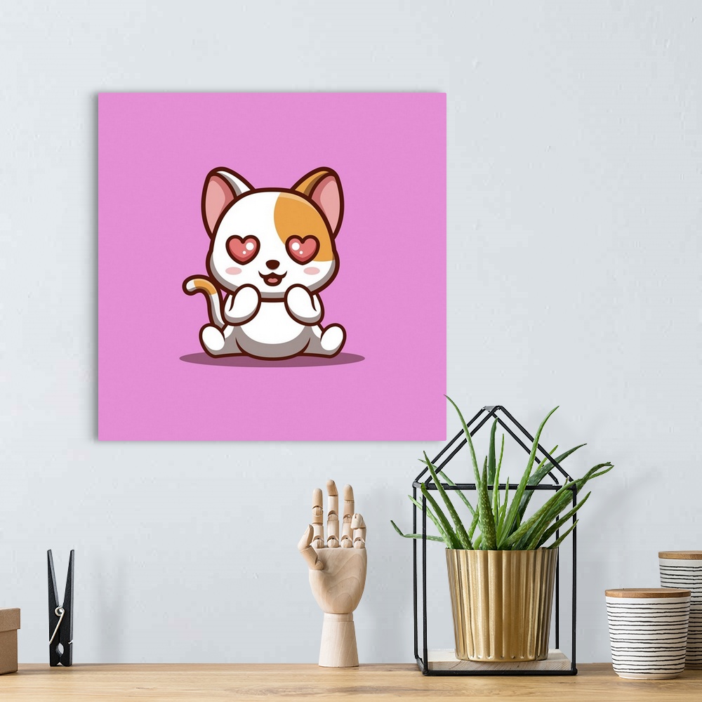 A bohemian room featuring White cat sitting shocked. Cute, creative kawaii cartoon mascot.