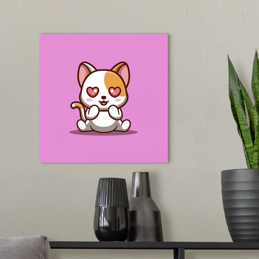 A modern room featuring White cat sitting shocked. Cute, creative kawaii cartoon mascot.