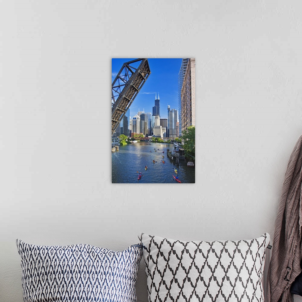 A bohemian room featuring Kayakers on Chicago River and Chicago skyline, Chicago, IL
