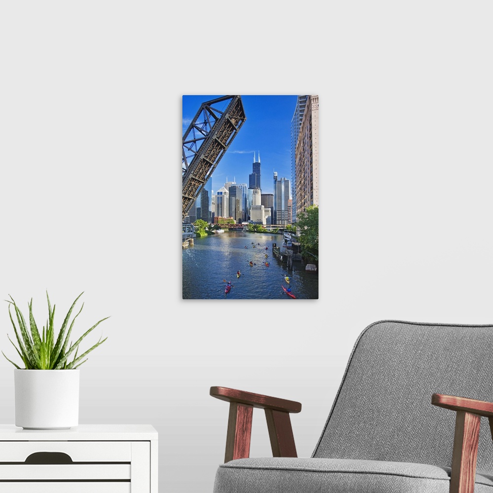 A modern room featuring Kayakers on Chicago River and Chicago skyline, Chicago, IL