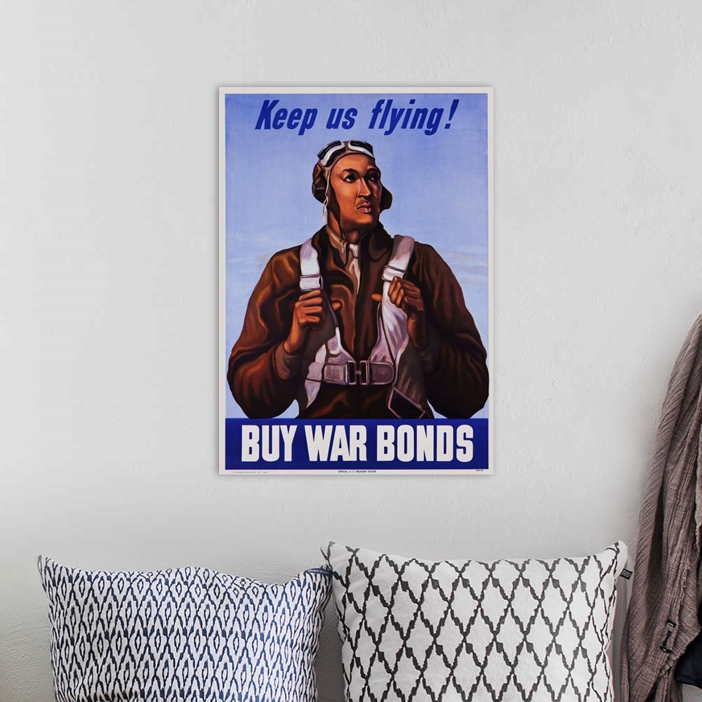 A bohemian room featuring Keep Us Flying, Buy War Bonds Tuskeegee Airmen Poster