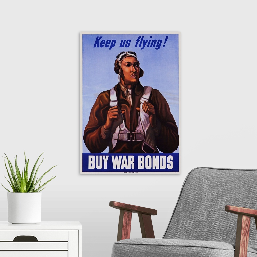 A modern room featuring Keep Us Flying, Buy War Bonds Tuskeegee Airmen Poster