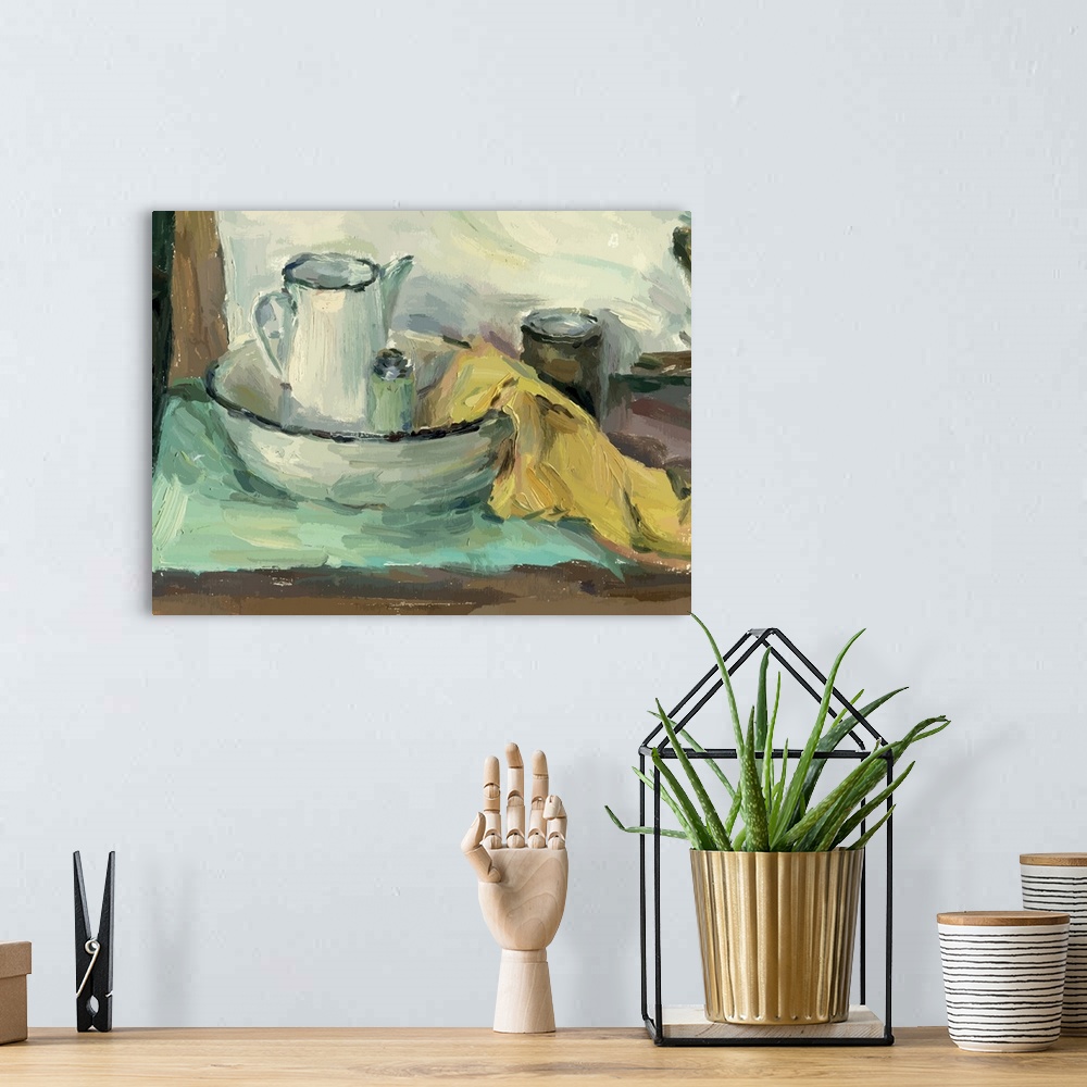 A bohemian room featuring Still life with oil paints on cardboard of kitchen utensils and colored drapery.