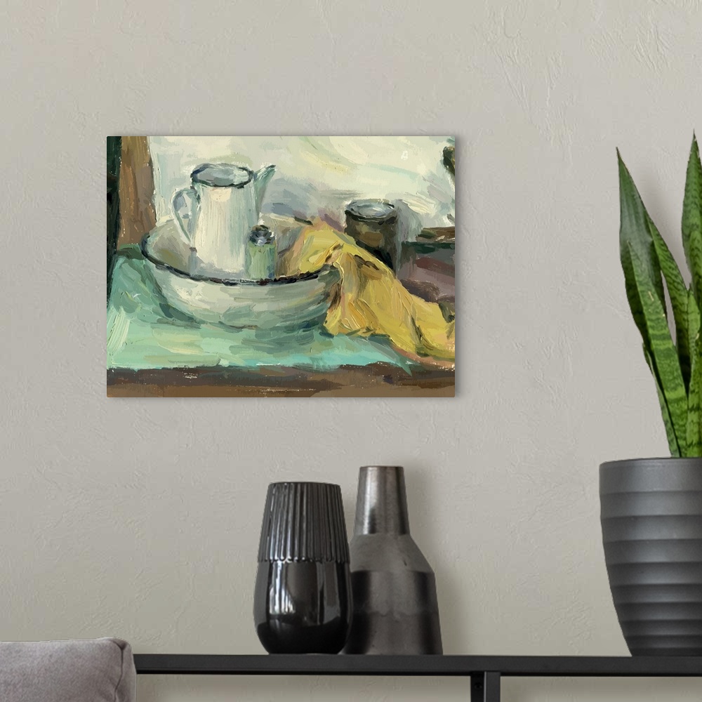 A modern room featuring Still life with oil paints on cardboard of kitchen utensils and colored drapery.