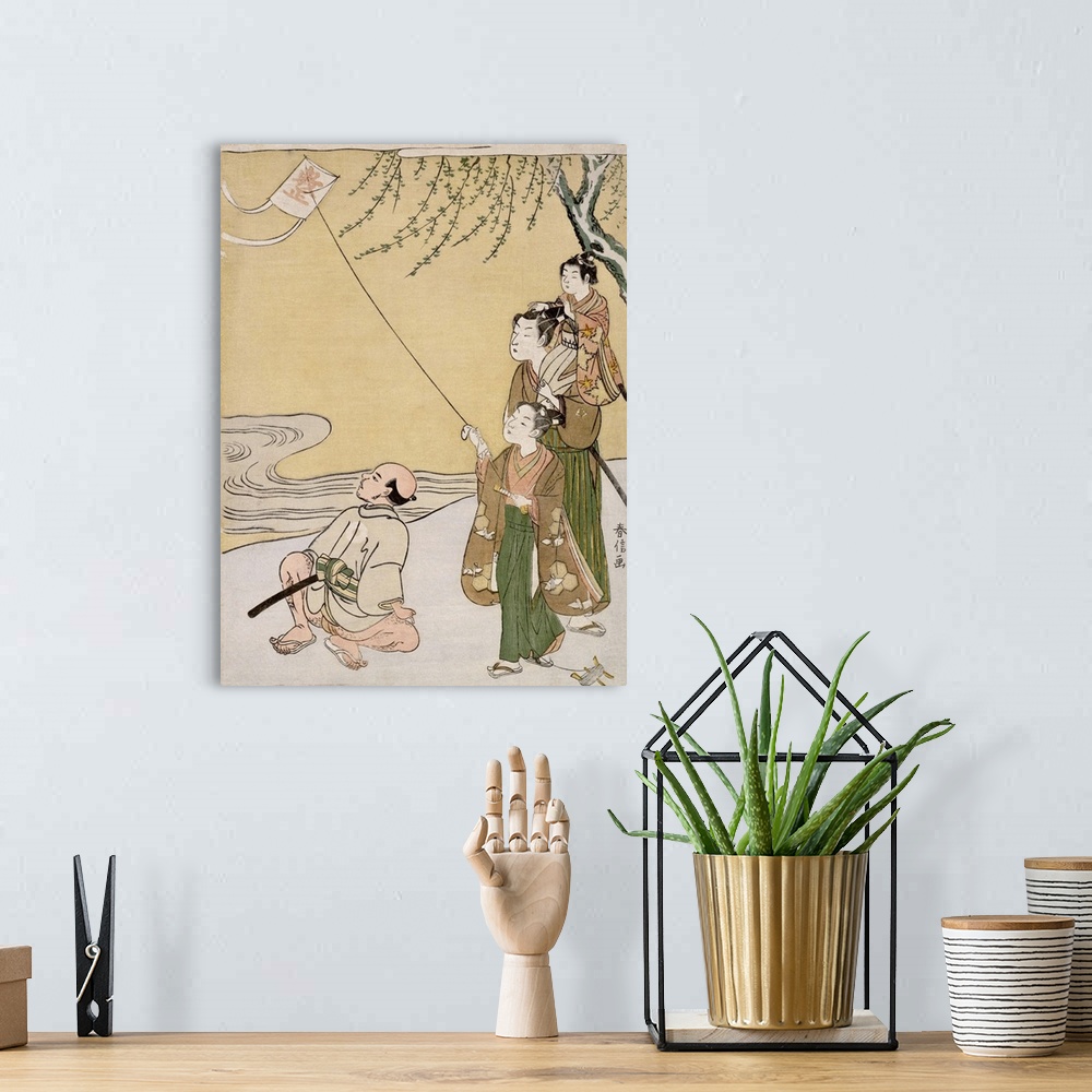 A bohemian room featuring Illustration of a boy playing with a kite accompanied by his family made by Japanese artist Suzuk...