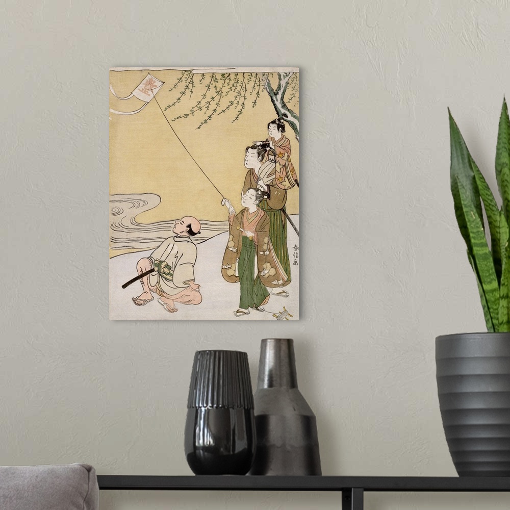 A modern room featuring Illustration of a boy playing with a kite accompanied by his family made by Japanese artist Suzuk...