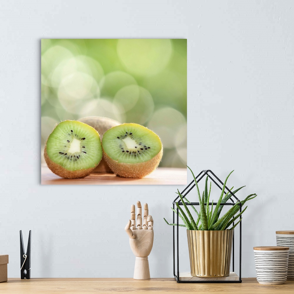 A bohemian room featuring Kiwi fruit against bokeh background.