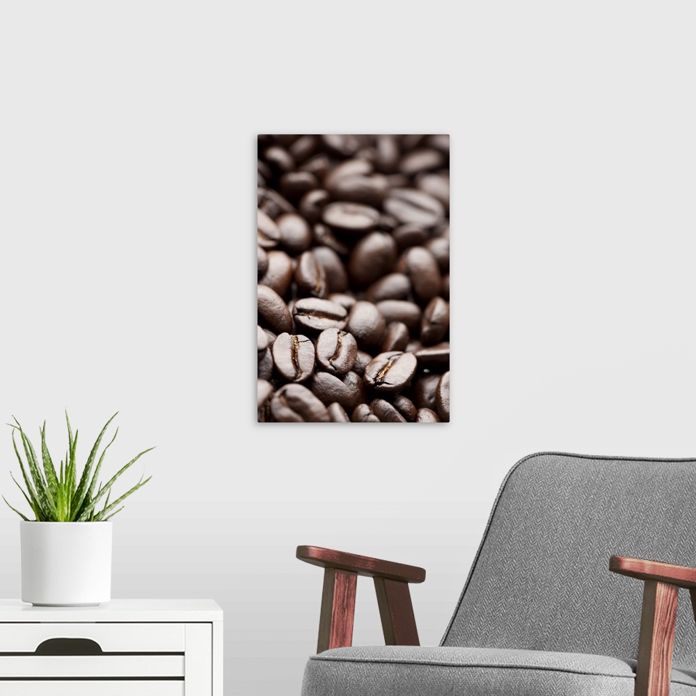 A modern room featuring Kona Purple Mountain organic coffee beans with shallow focus