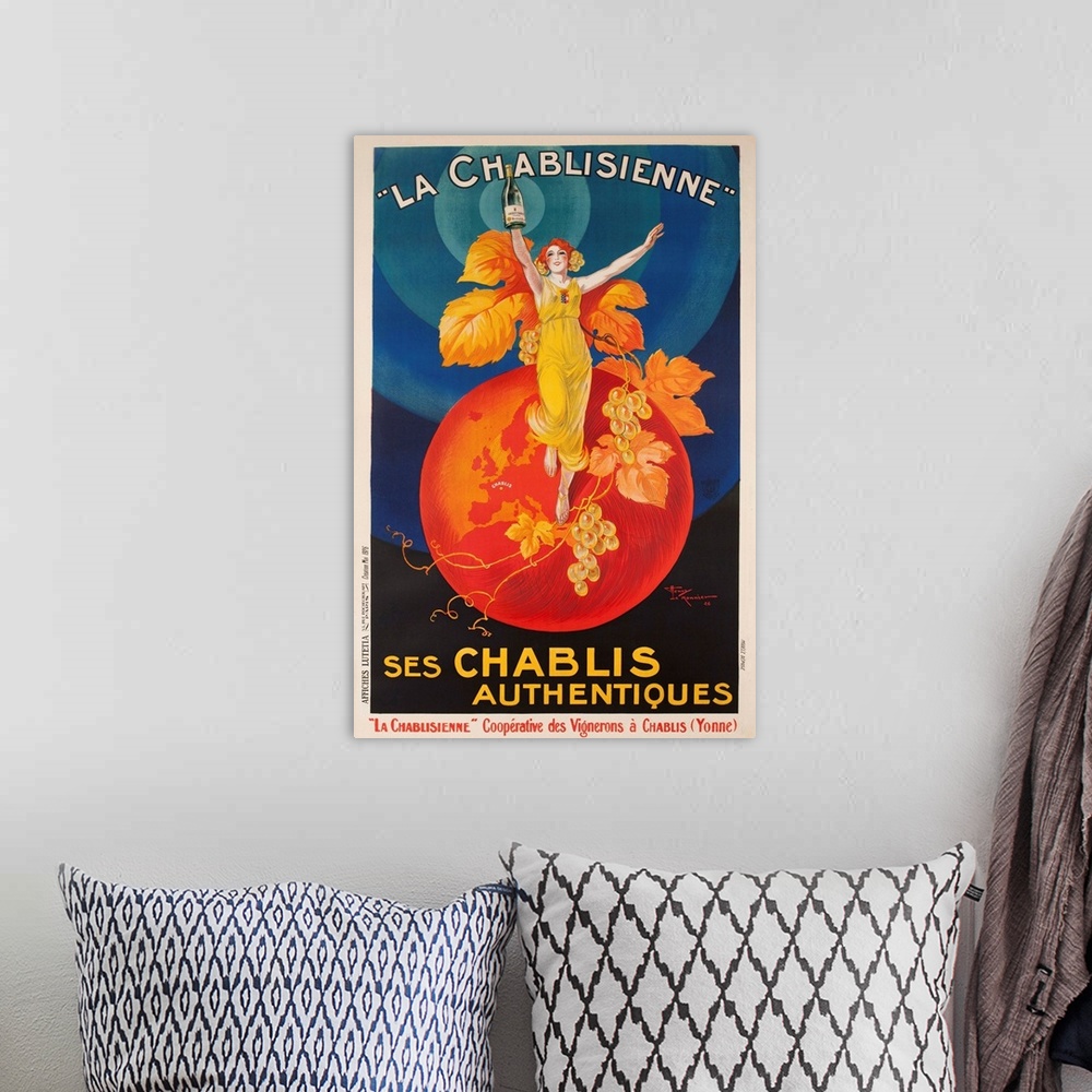 A bohemian room featuring French beauty standing on a globe holds uo a bottle of wine