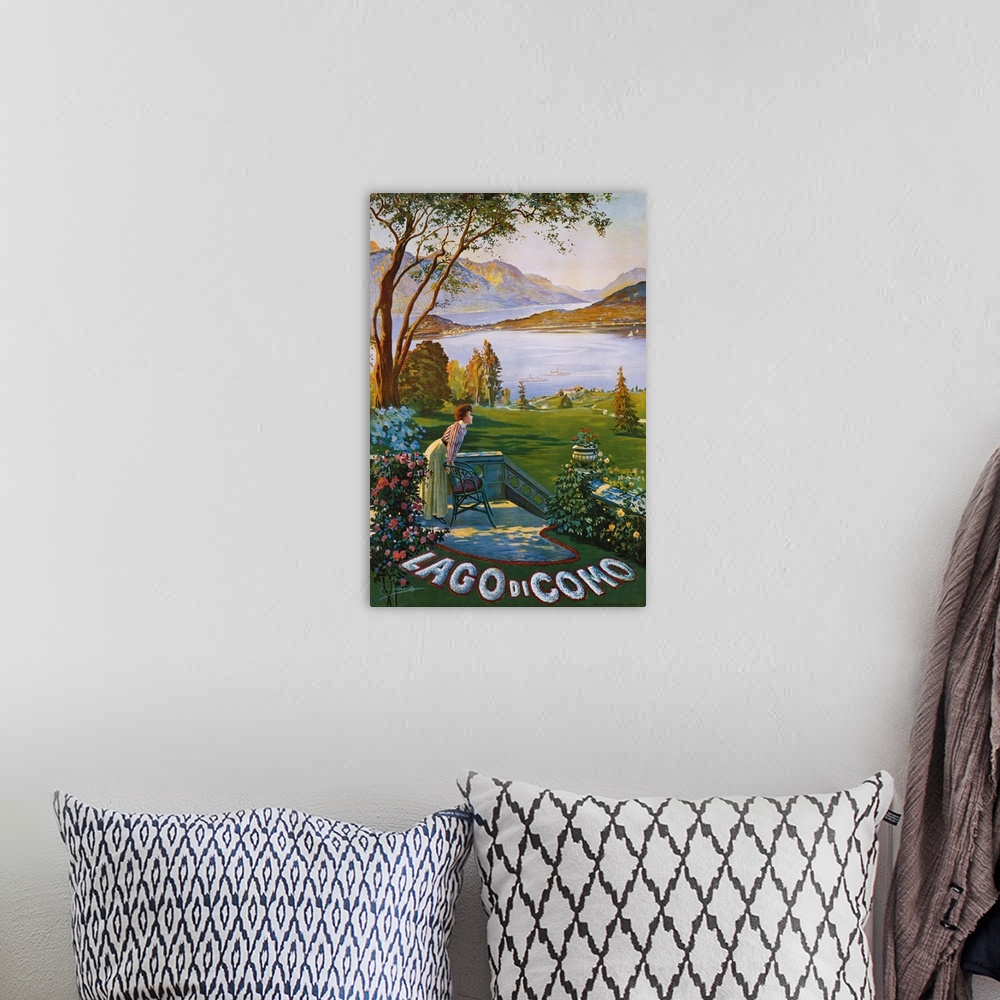 A bohemian room featuring Lago Di Como Poster By Elio Ximenes