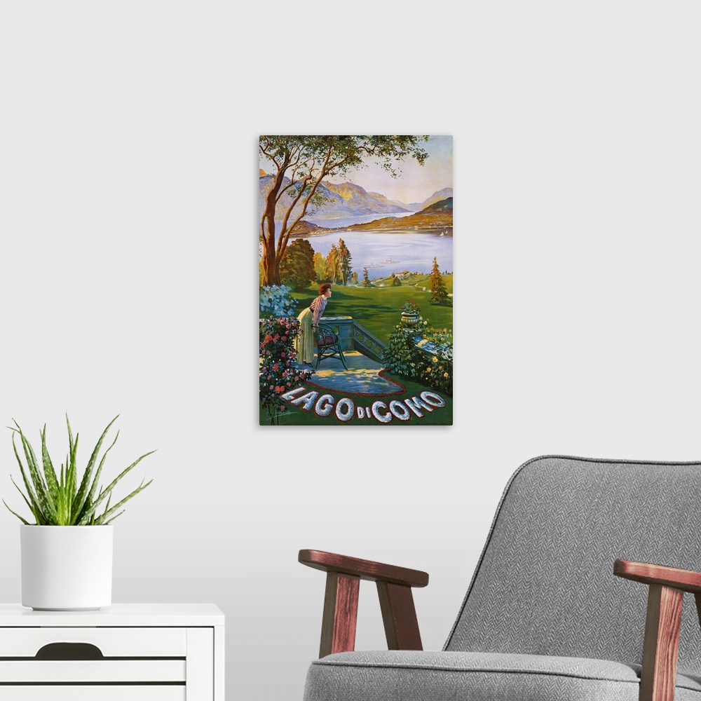 A modern room featuring Lago Di Como Poster By Elio Ximenes