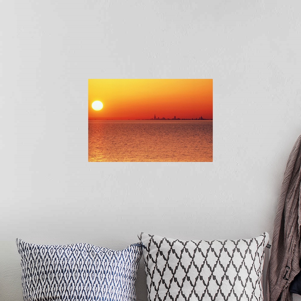 A bohemian room featuring USA,Chicago,Lake Michigan,orange sunset,city skyline in distance
