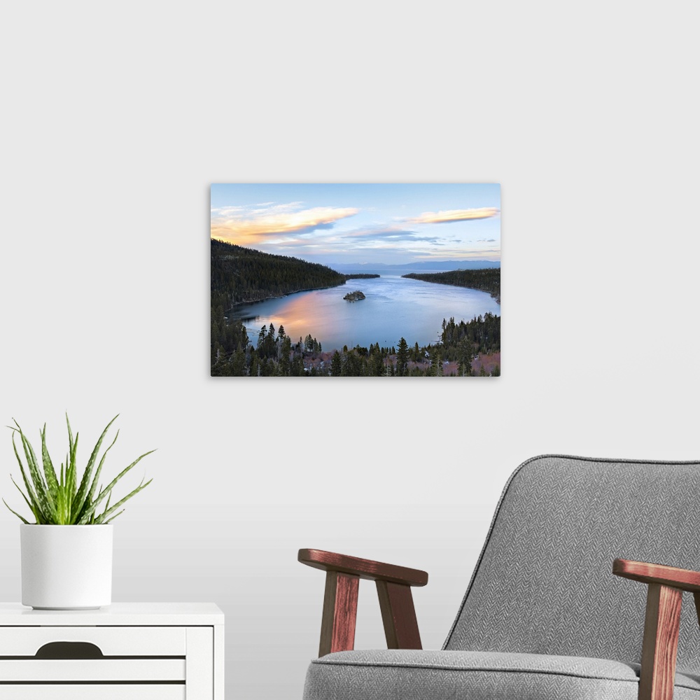 A modern room featuring Emerald bay in lake Tahoe glows with reflection of springtime sunset.