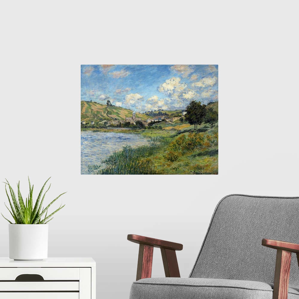 A modern room featuring Landscape at Vetheuil. Painting by Claude Monet (1840-1926), 1879. Oil on canvas. 0, 60 x 0, 73 m...