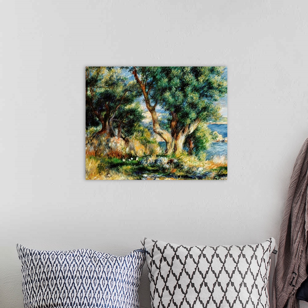 A bohemian room featuring Landscape Near Menton By Pierre-Auguste Renoir