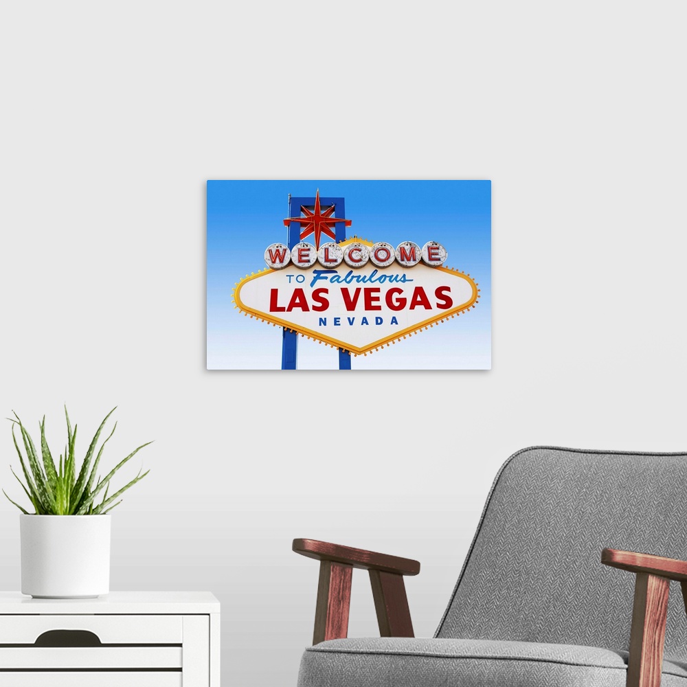 A modern room featuring Las Vegas Welcome Road Sign