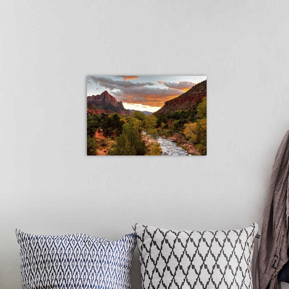 A bohemian room featuring Virgin River - Watchman Mountain in Zion National Park, Utah.